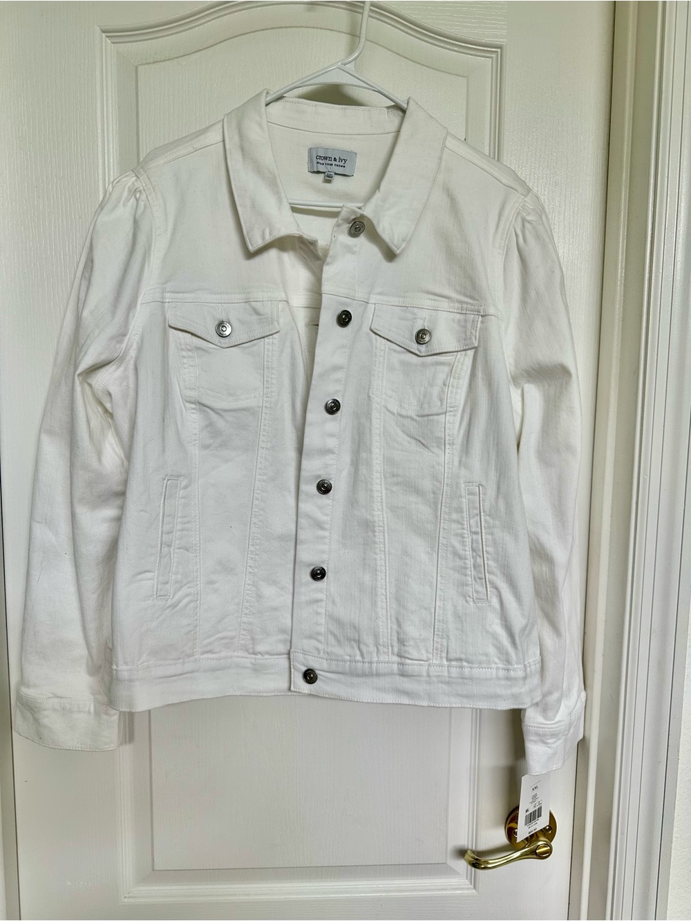 crown & ivy White Women's Denim Jacket with Button Front